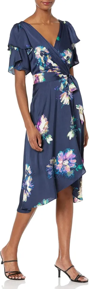 DKNY Women's Double Ruffle Sleeve Asymmetrical Hem Faux Wrap Dress