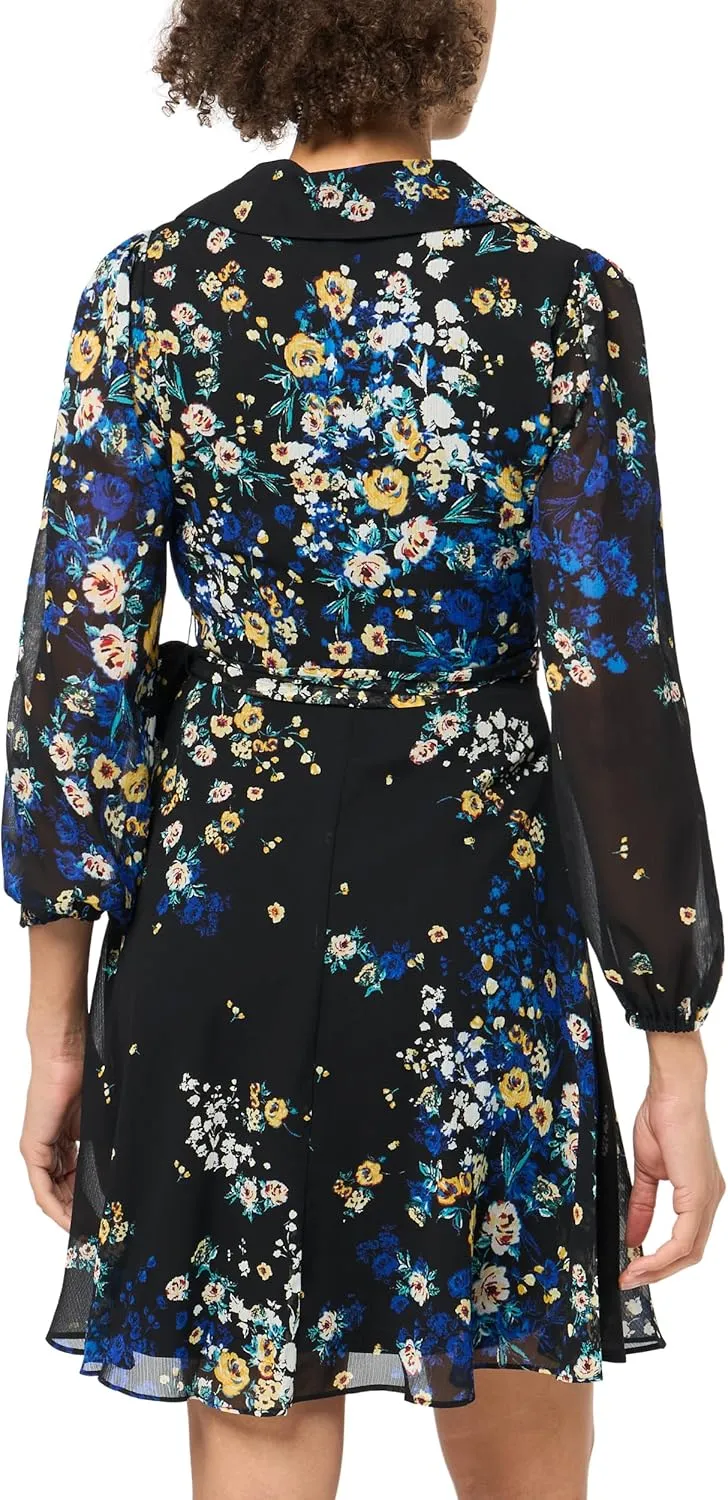 DKNY Women's Double Ruffle Sleeve Asymmetrical Hem Faux Wrap Dress