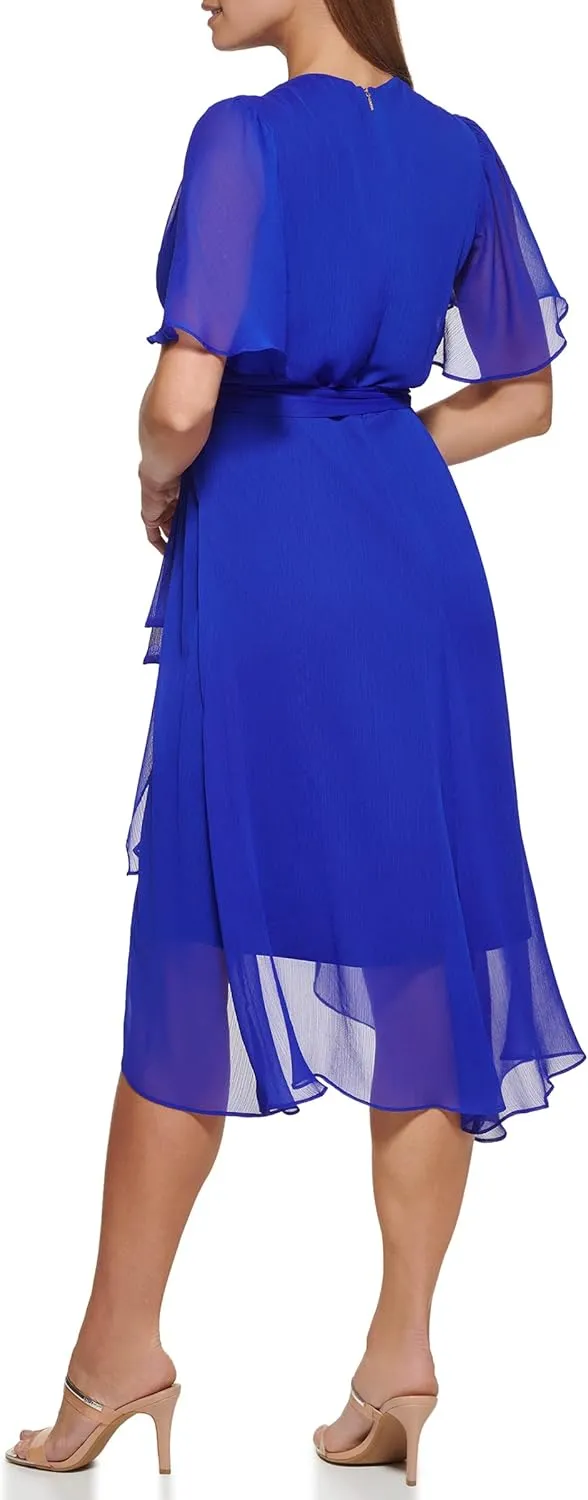 DKNY Women's Double Ruffle Sleeve Asymmetrical Hem Faux Wrap Dress