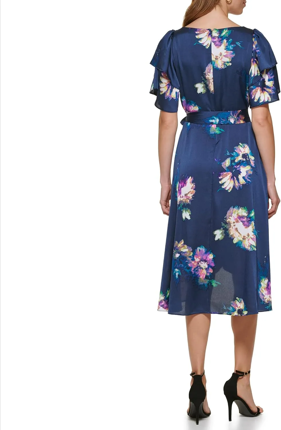 DKNY Women's Double Ruffle Sleeve Asymmetrical Hem Faux Wrap Dress