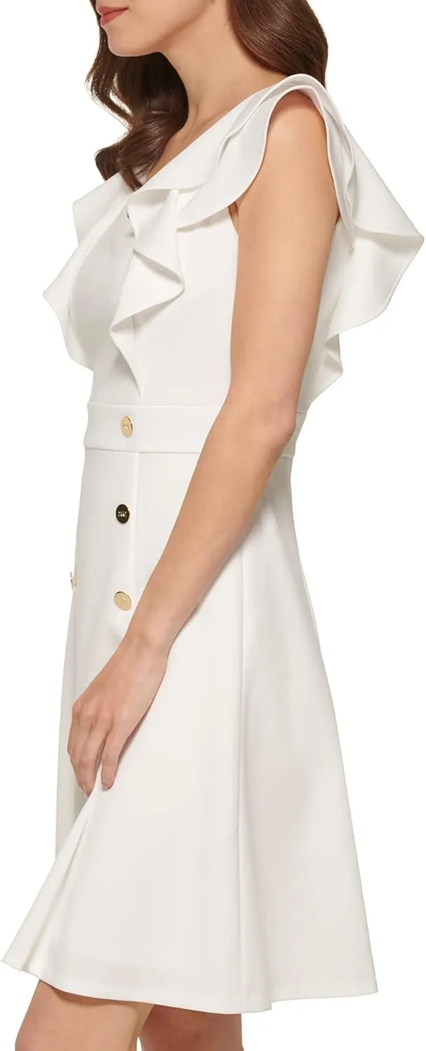 DKNY womens Double Ruffle Sleeve Fit and Flare Dress