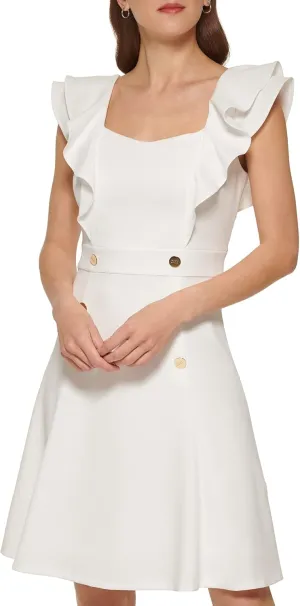DKNY womens Double Ruffle Sleeve Fit and Flare Dress