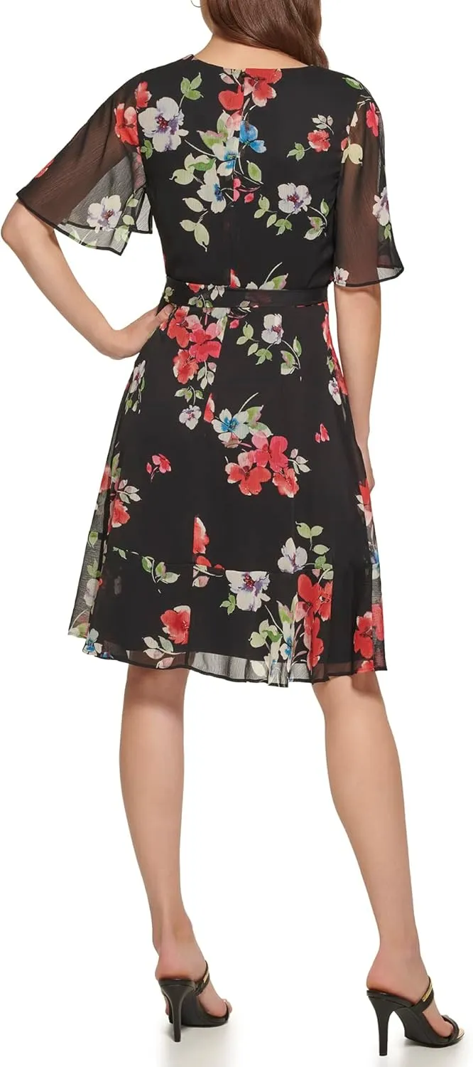 DKNY Women's Fit and Flare V Neck Cape Sleeve Dress