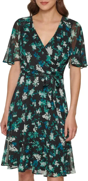 DKNY Women's Fit and Flare V Neck Cape Sleeve Dress