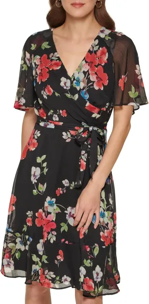 DKNY Women's Fit and Flare V Neck Cape Sleeve Dress