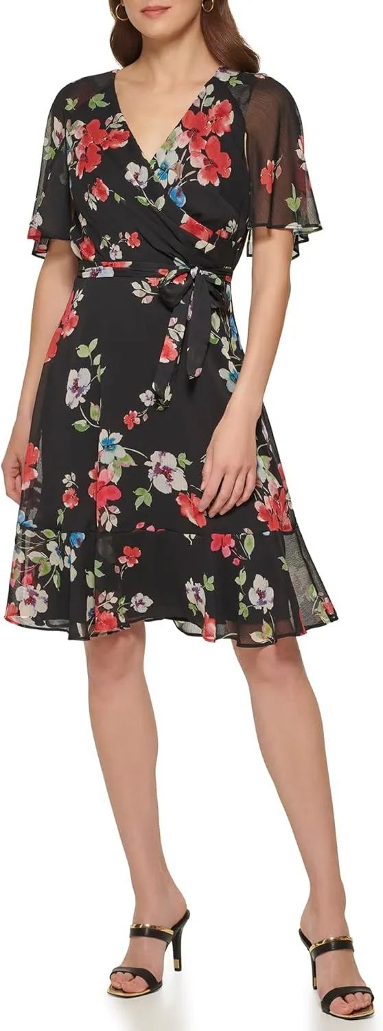 DKNY Women's Fit and Flare V Neck Cape Sleeve Dress