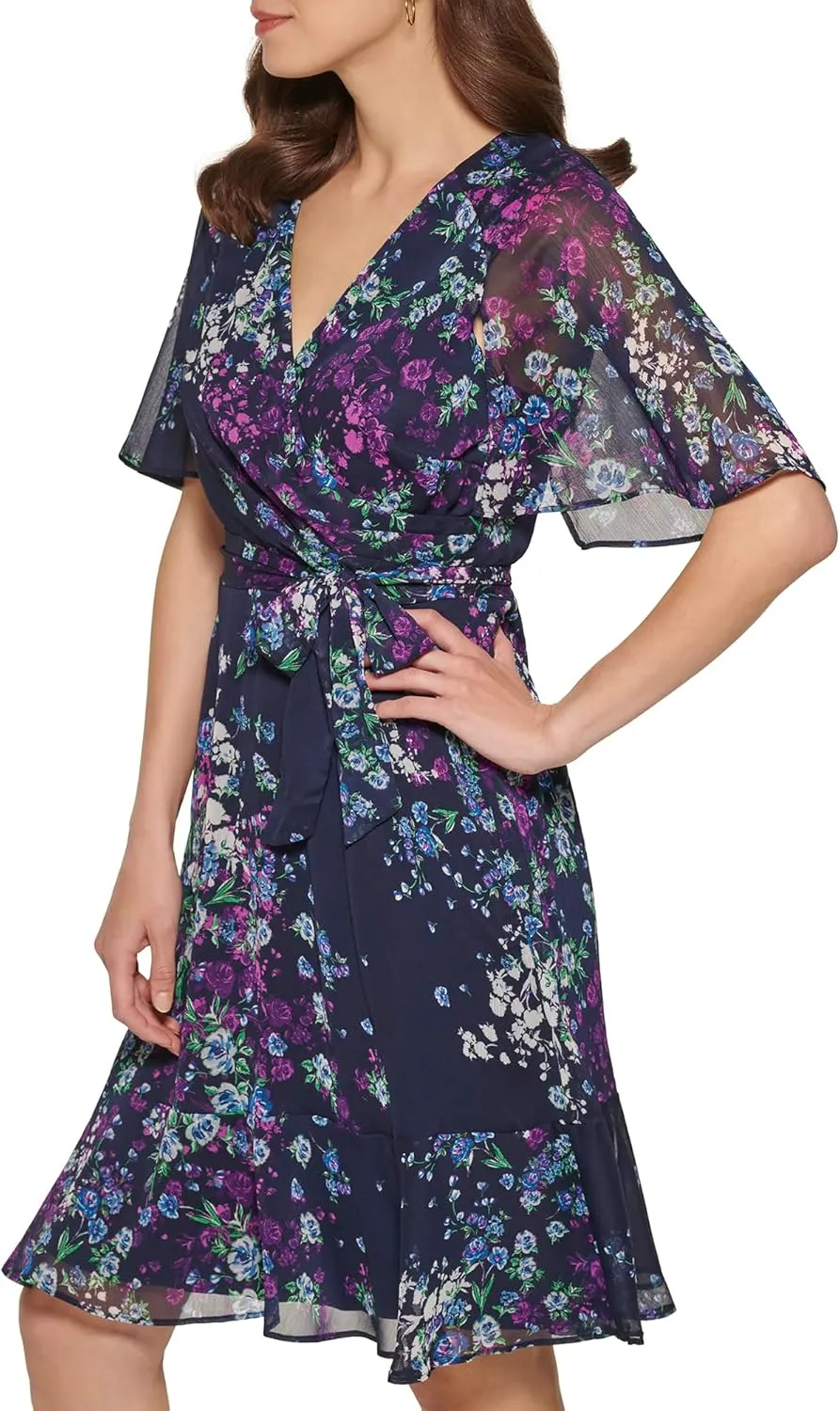 DKNY Women's Fit and Flare V Neck Cape Sleeve Dress