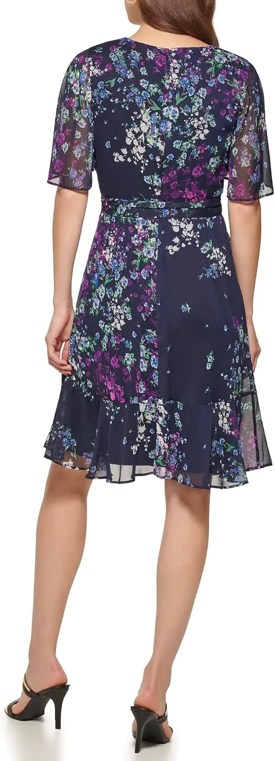 DKNY Women's Fit and Flare V Neck Cape Sleeve Dress