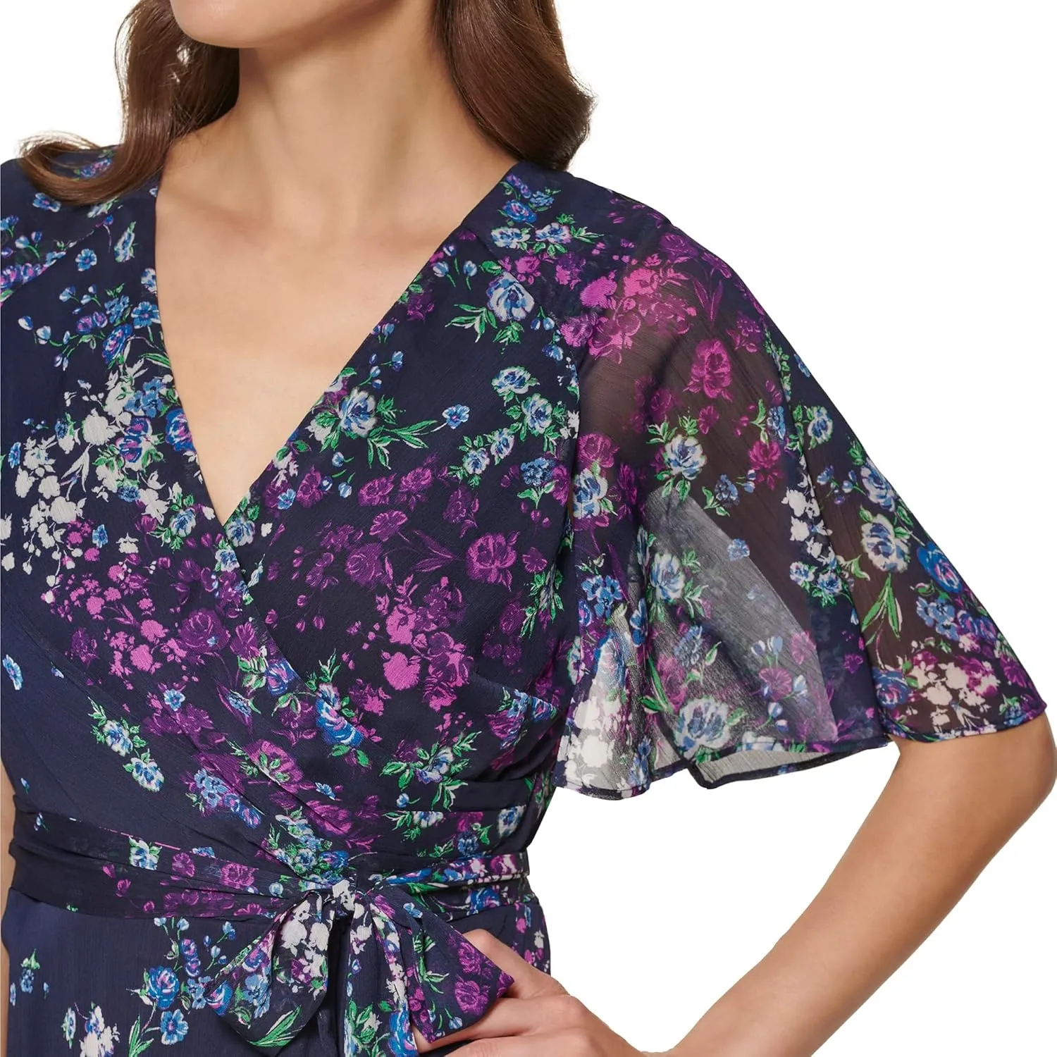 DKNY Women's Fit and Flare V Neck Cape Sleeve Dress