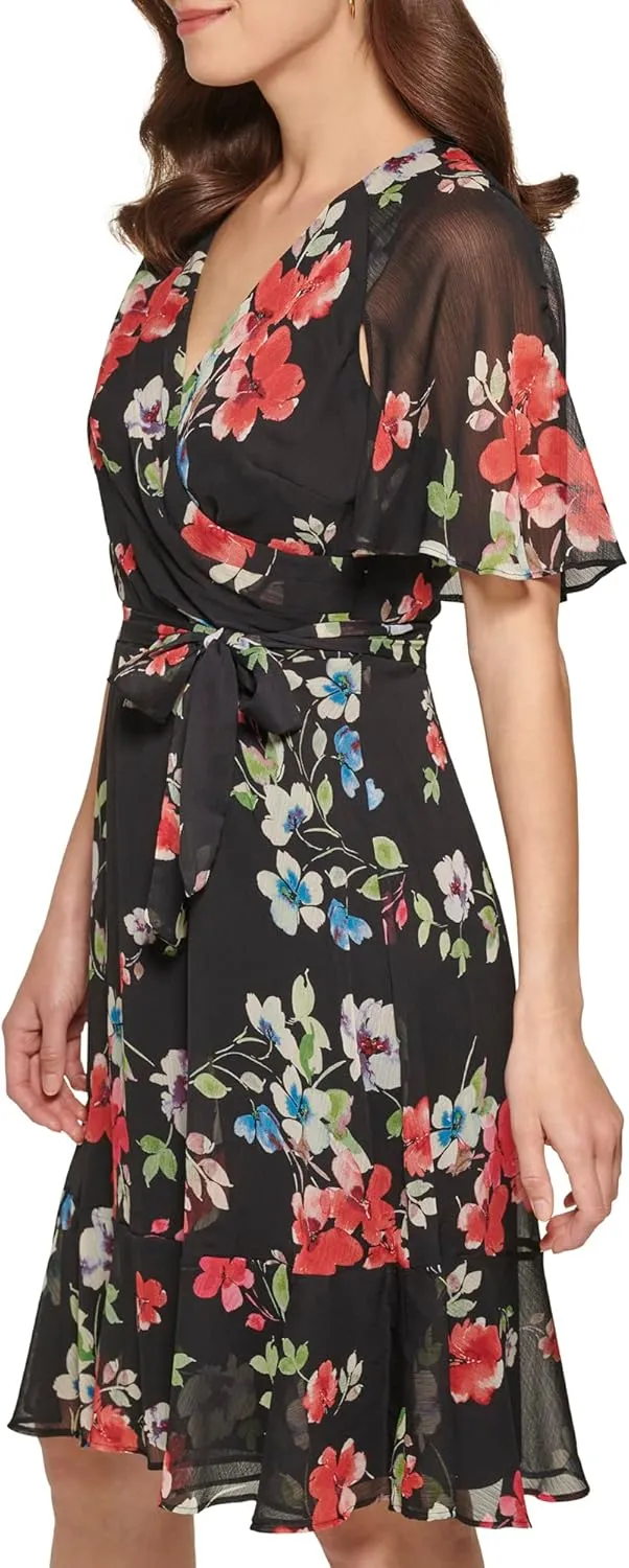 DKNY Women's Fit and Flare V Neck Cape Sleeve Dress