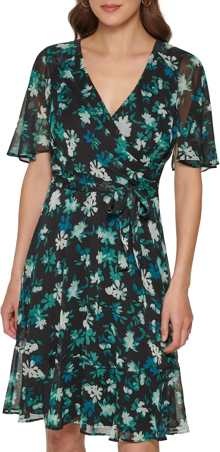 DKNY Women's Fit and Flare V Neck Cape Sleeve Dress