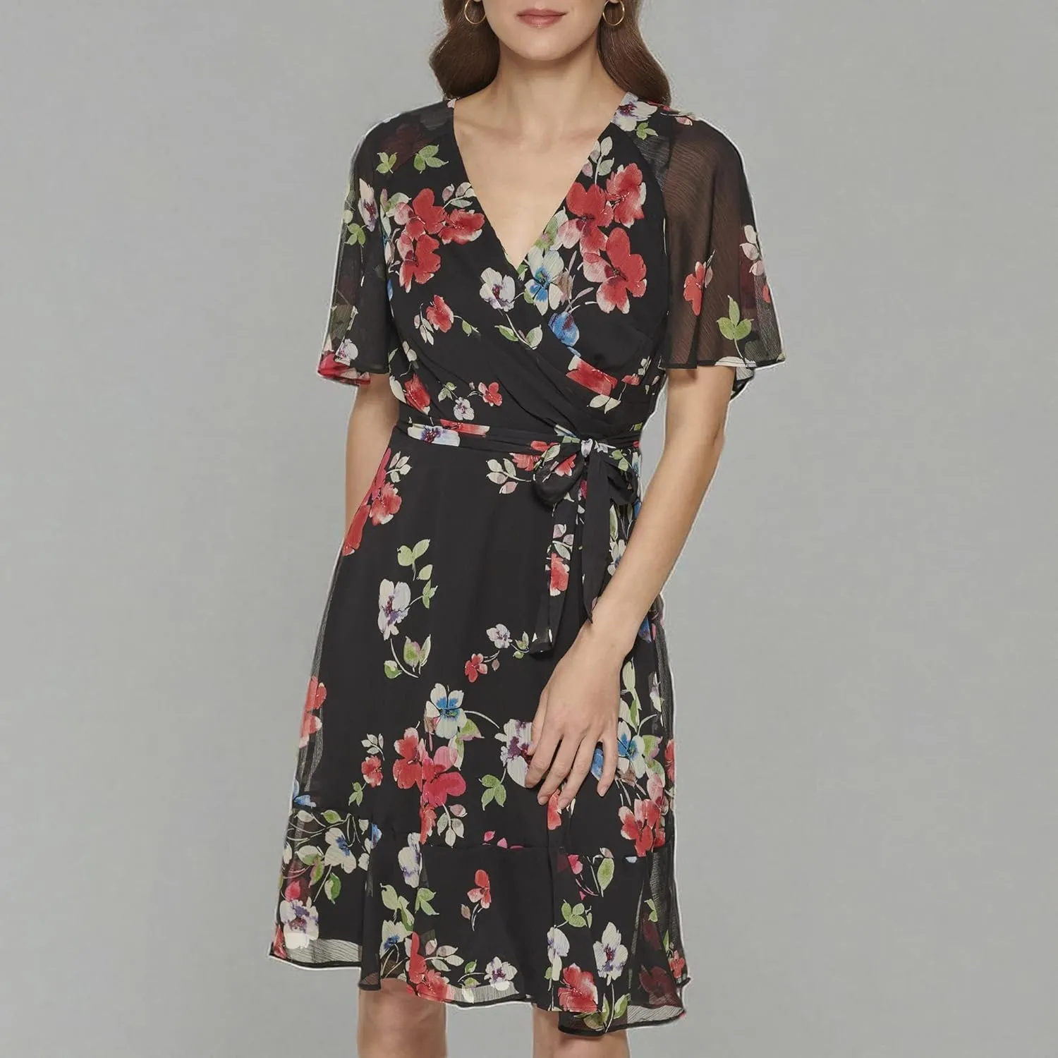 DKNY Women's Fit and Flare V Neck Cape Sleeve Dress