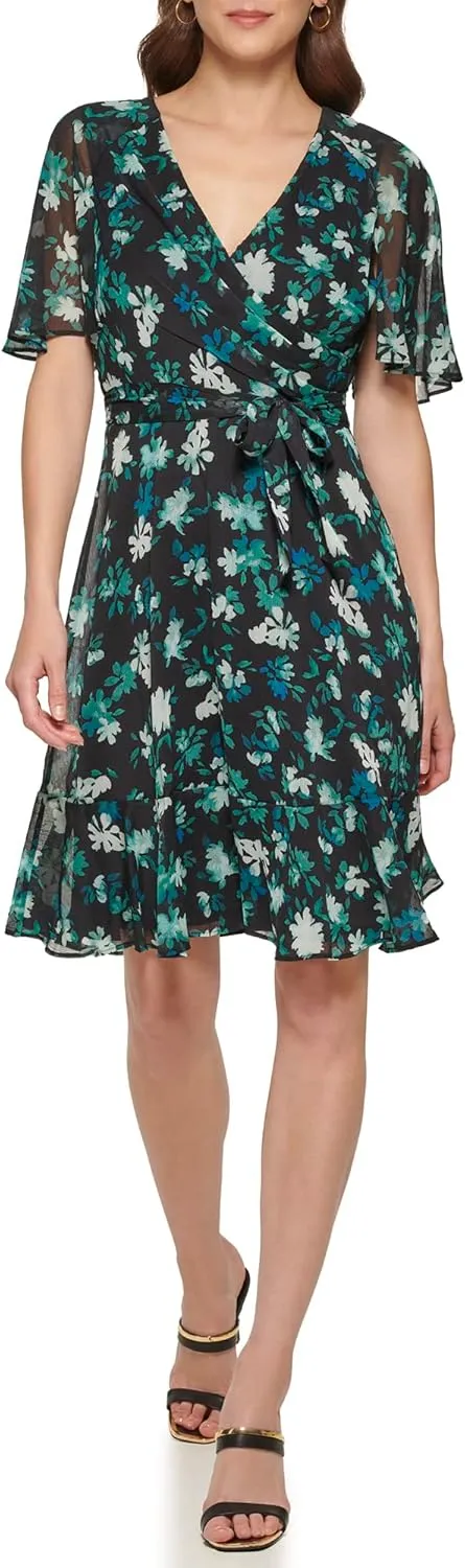 DKNY Women's Fit and Flare V Neck Cape Sleeve Dress