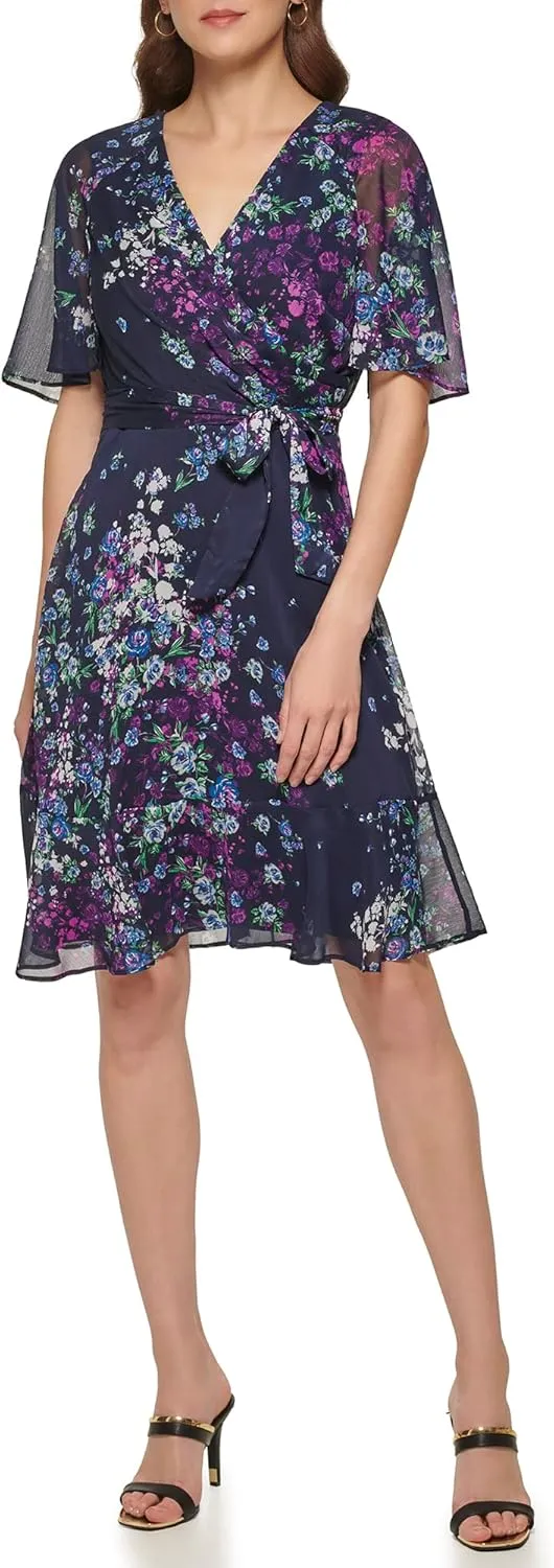 DKNY Women's Fit and Flare V Neck Cape Sleeve Dress