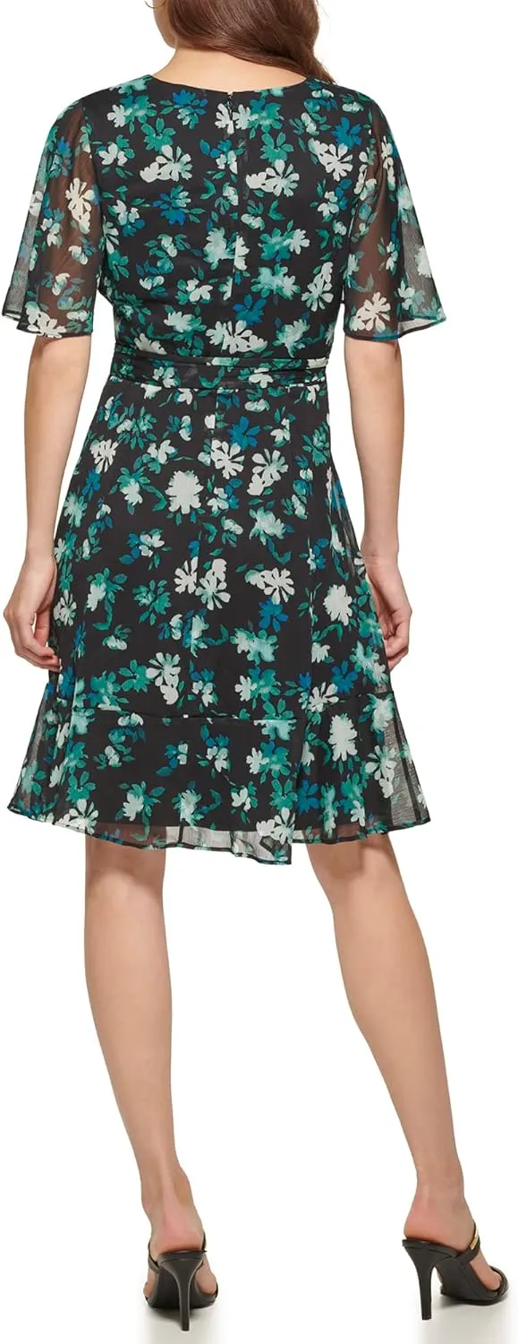 DKNY Women's Fit and Flare V Neck Cape Sleeve Dress