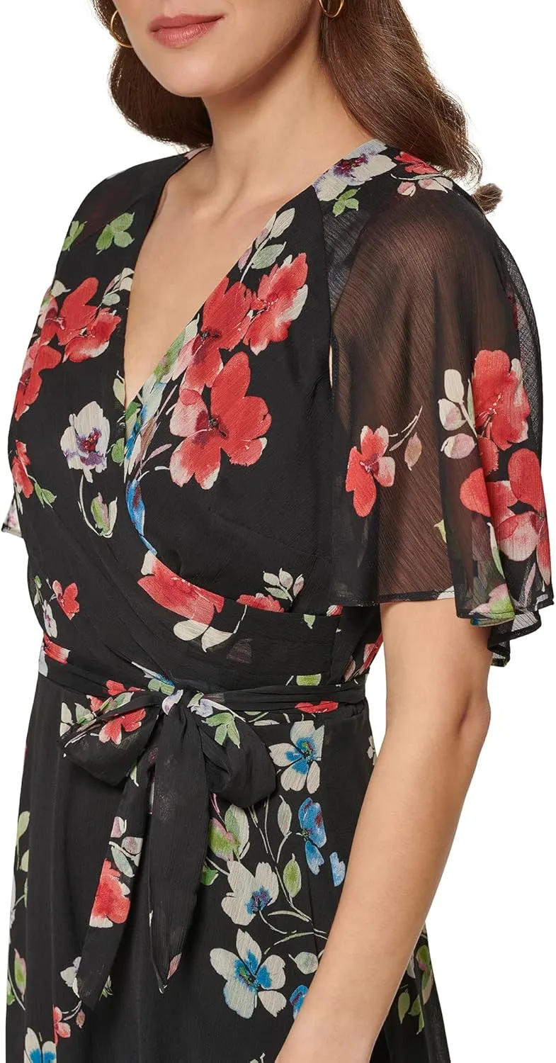 DKNY Women's Fit and Flare V Neck Cape Sleeve Dress