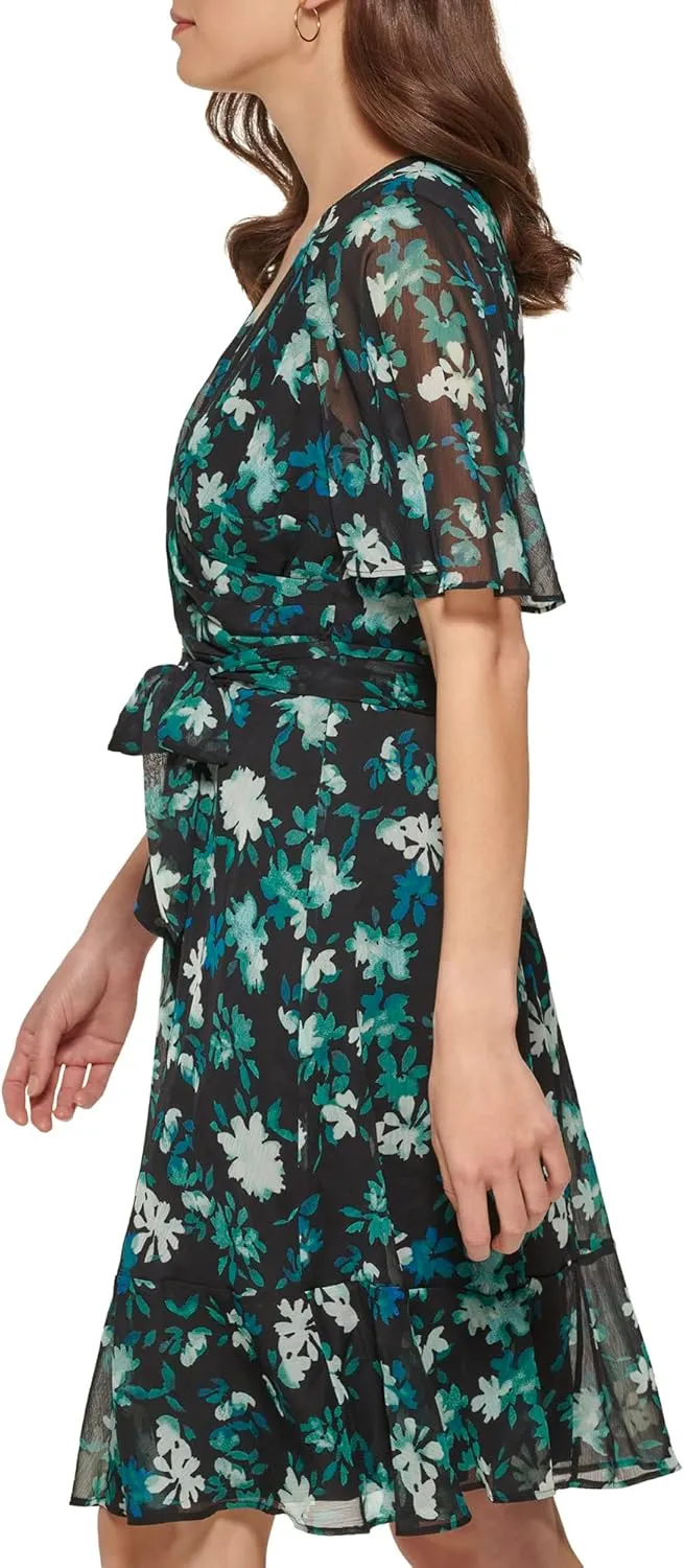 DKNY Women's Fit and Flare V Neck Cape Sleeve Dress