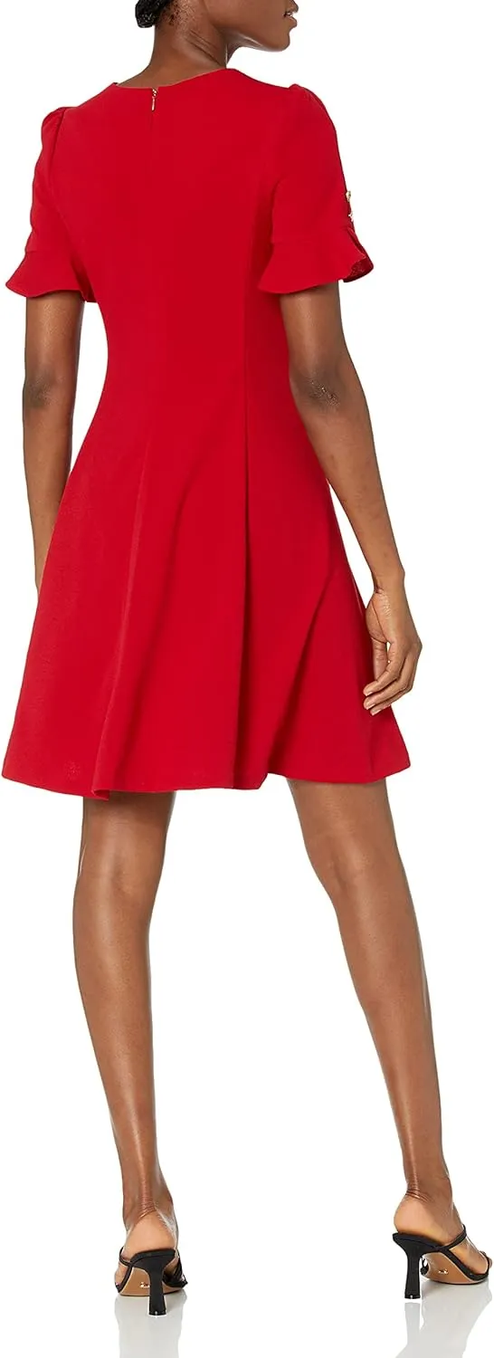 DKNY Women's Flounce Sleeve Fit and Flare with Belt Dress