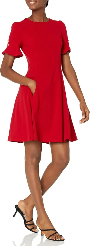 DKNY Women's Flounce Sleeve Fit and Flare with Belt Dress