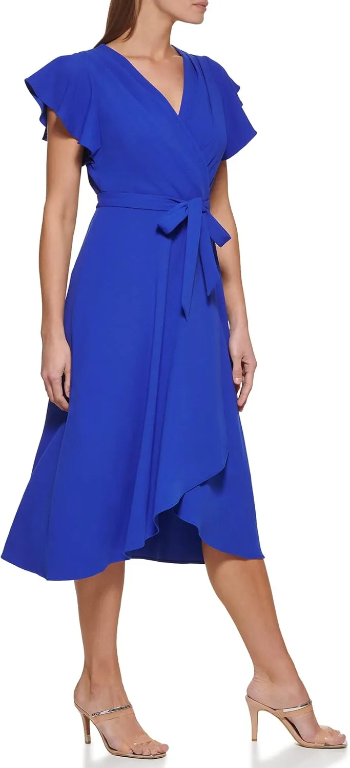 DKNY Women's Flutter Sleeve Faux Wrap Dress