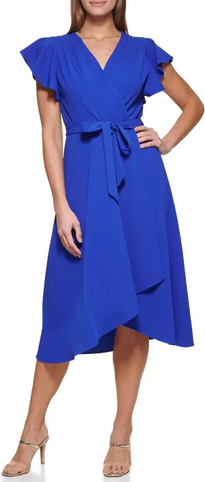 DKNY Women's Flutter Sleeve Faux Wrap Dress