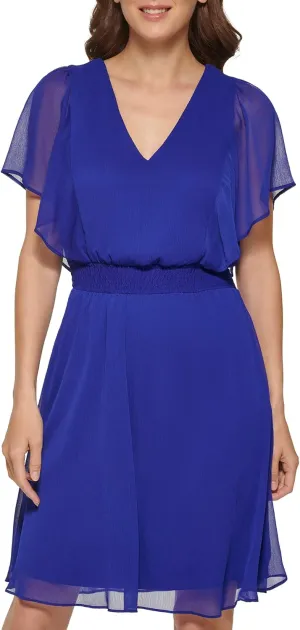 DKNY Women's Flutter Sleeve Smocked Waist Mini Dress
