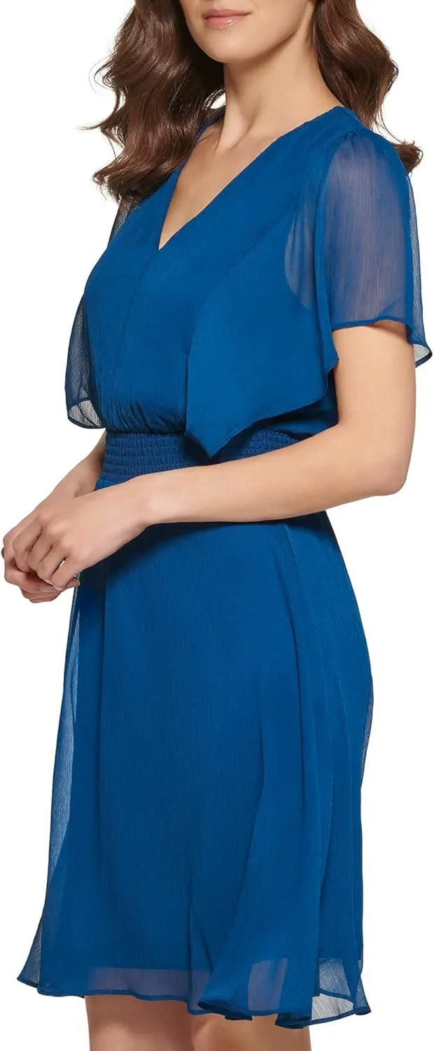 DKNY Women's Flutter Sleeve Smocked Waist Mini Dress
