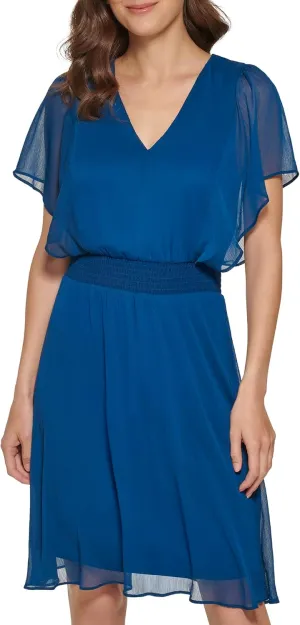 DKNY Women's Flutter Sleeve Smocked Waist Mini Dress