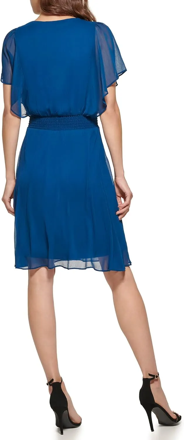 DKNY Women's Flutter Sleeve Smocked Waist Mini Dress