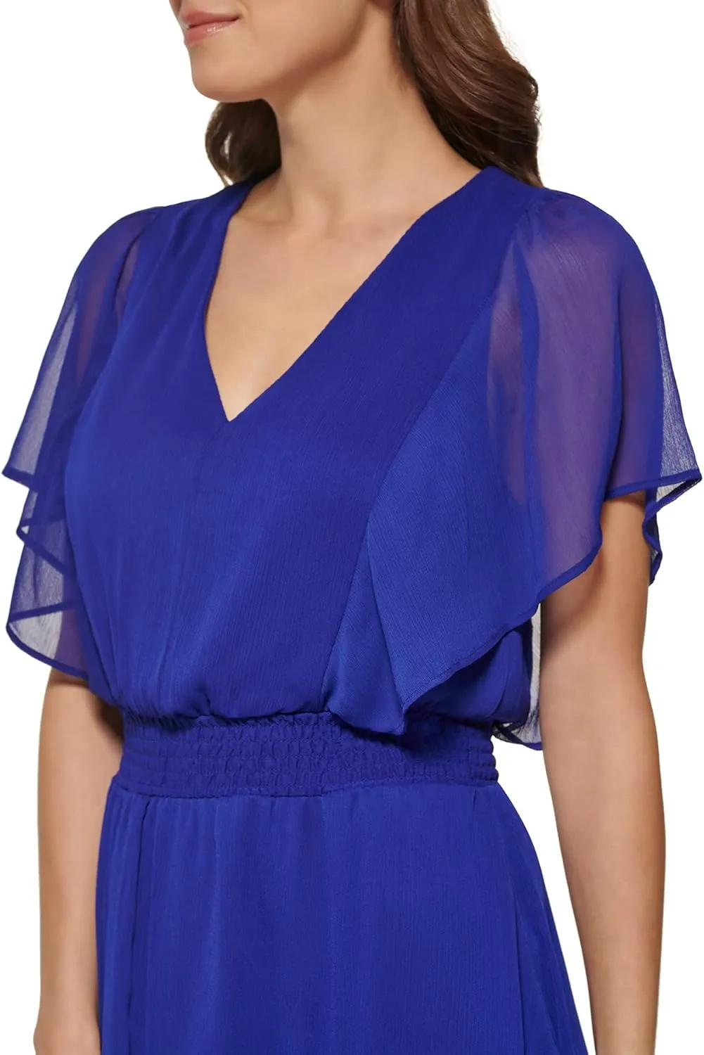 DKNY Women's Flutter Sleeve Smocked Waist Mini Dress