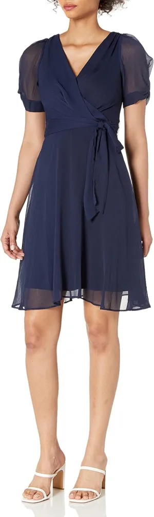 DKNY womens Knot Sleeve Fit and Flare Dress