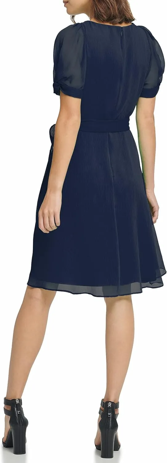 DKNY womens Knot Sleeve Fit and Flare Dress