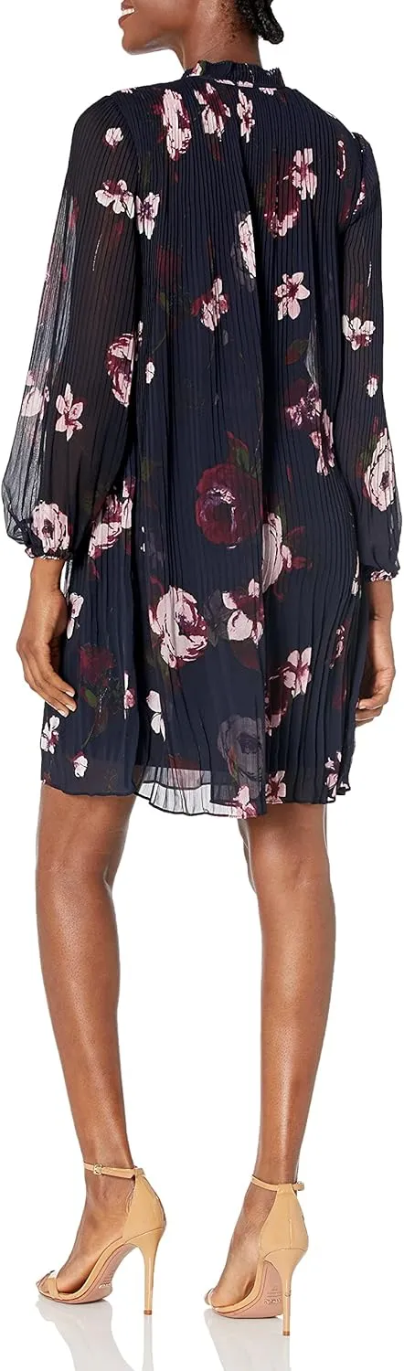 DKNY Women's Long Sleeve Tie Neck Pleated Dress