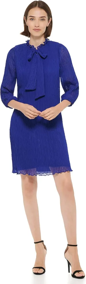 DKNY Women's Long Sleeve Tie Neck Pleated Dress