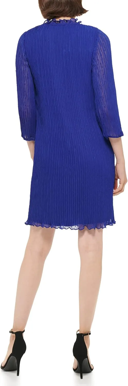 DKNY Women's Long Sleeve Tie Neck Pleated Dress