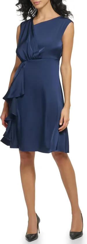 DKNY womens Midi V-neck Long Sleeve Dress With Flounce Detail