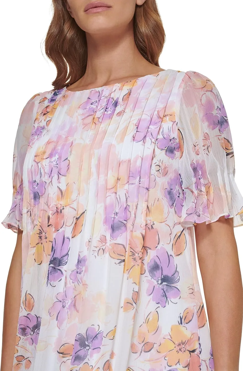 DKNY womens Pleated Front Cinch Sleeve Flowy Dress