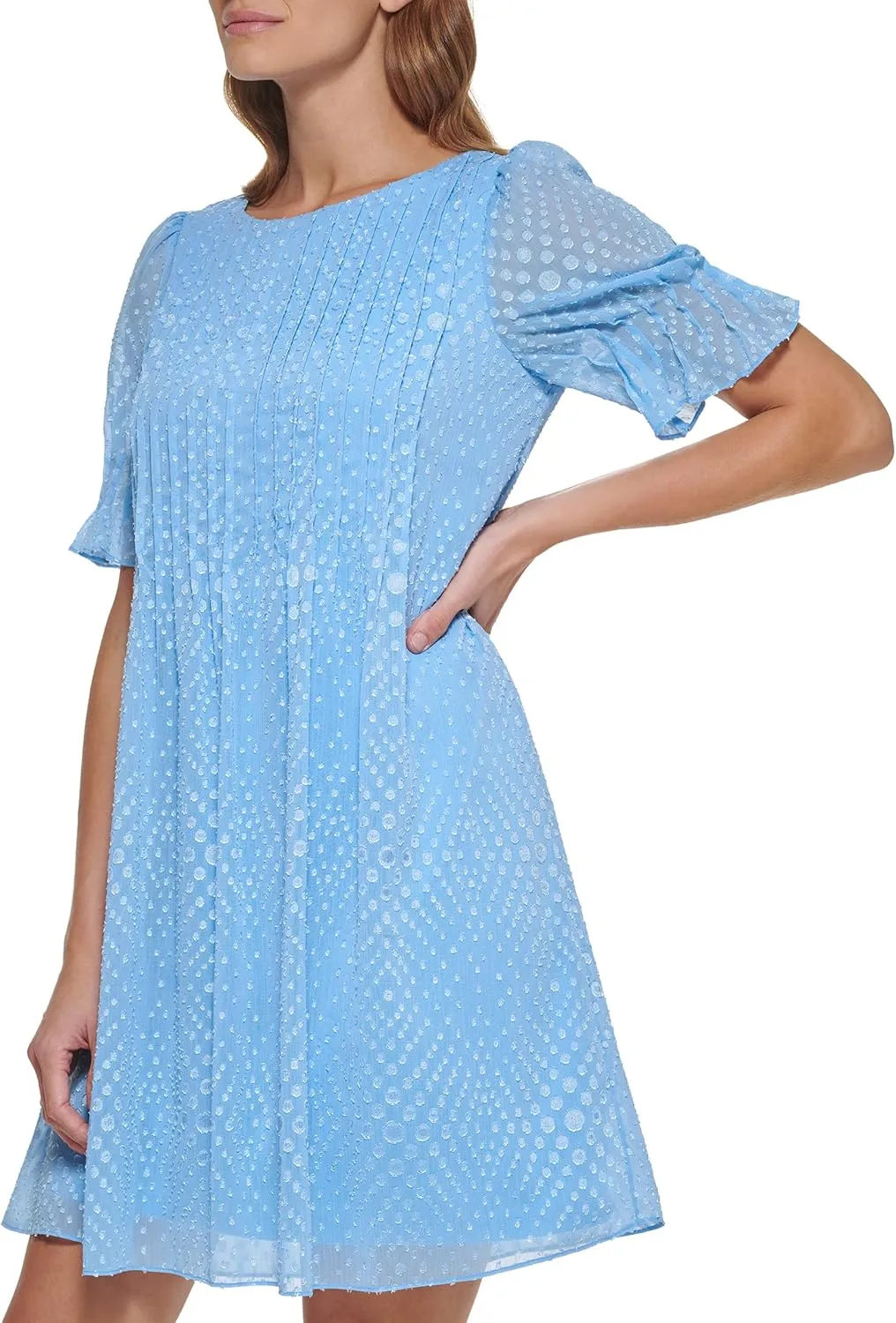 DKNY womens Pleated Front Cinch Sleeve Flowy Dress
