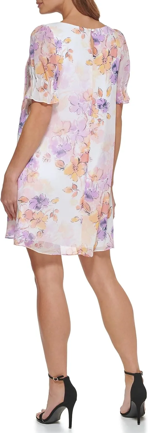 DKNY womens Pleated Front Cinch Sleeve Flowy Dress