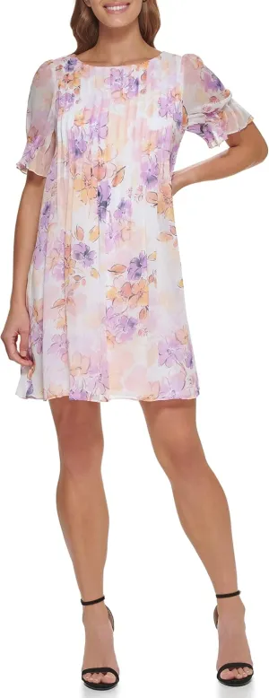 DKNY womens Pleated Front Cinch Sleeve Flowy Dress