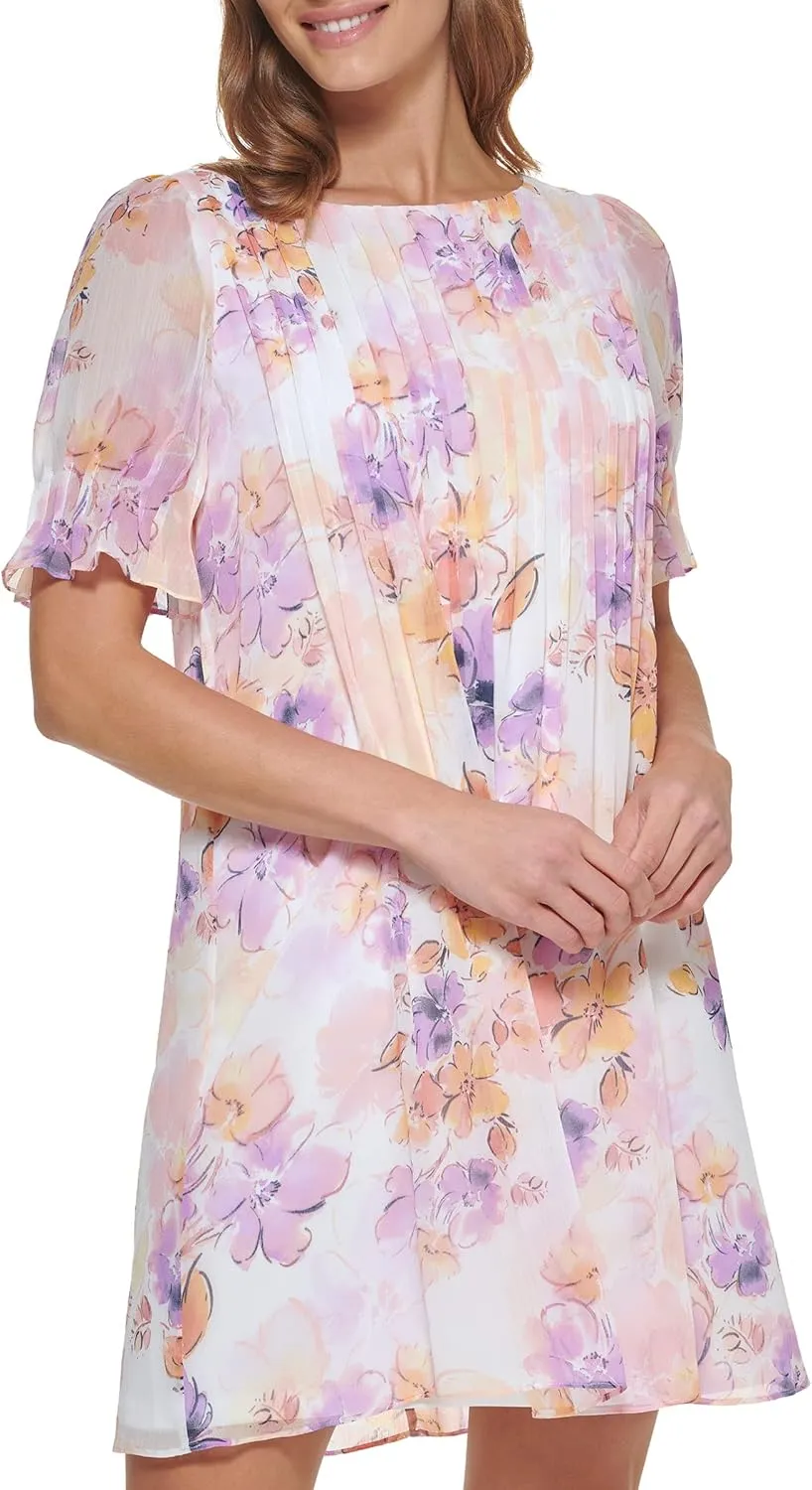 DKNY womens Pleated Front Cinch Sleeve Flowy Dress