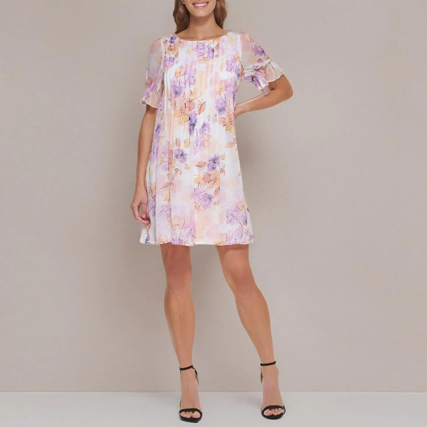 DKNY womens Pleated Front Cinch Sleeve Flowy Dress