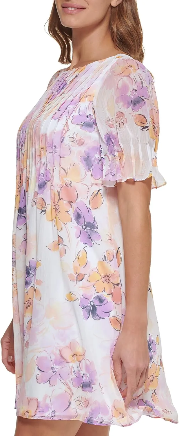 DKNY womens Pleated Front Cinch Sleeve Flowy Dress