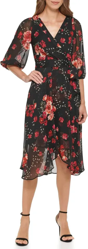 DKNY womens Print Faux Wrap Dress