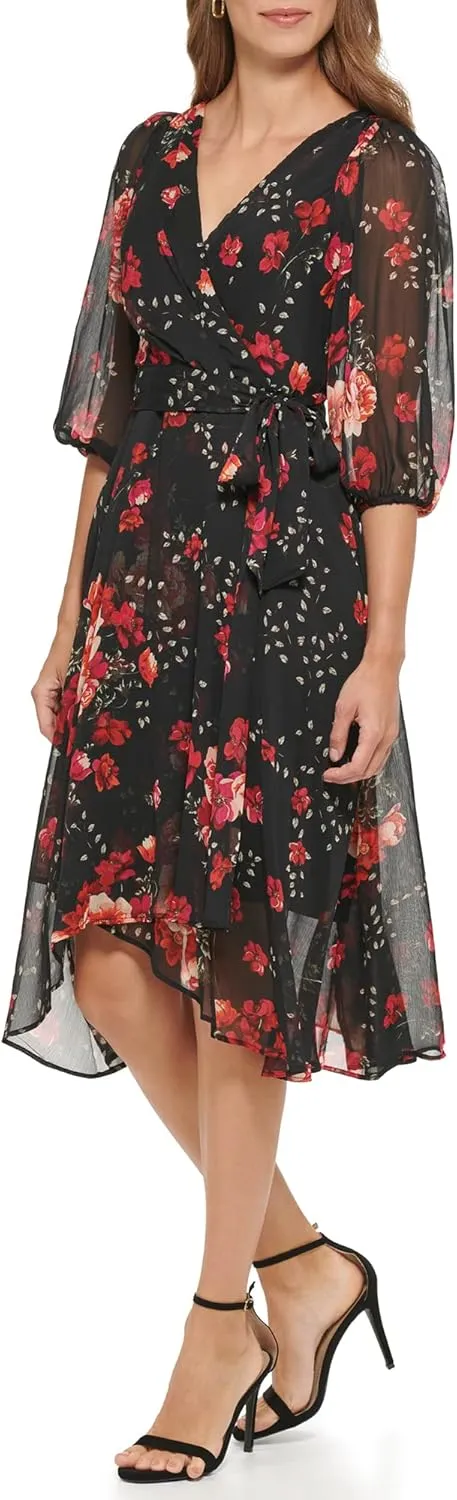 DKNY womens Print Faux Wrap Dress