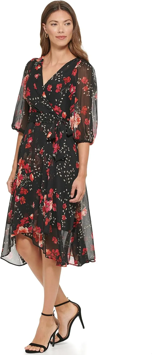 DKNY womens Print Faux Wrap Dress