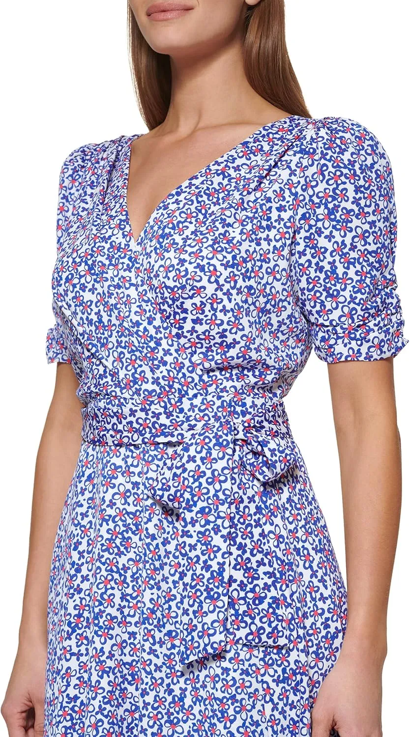 DKNY womens Ruched Sleeve Faux Wrap Dress