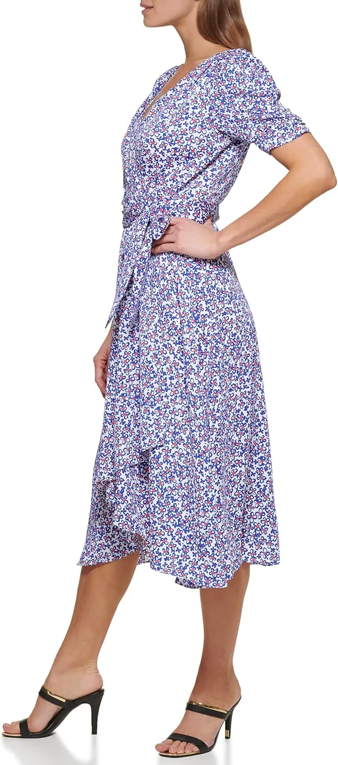 DKNY womens Ruched Sleeve Faux Wrap Dress
