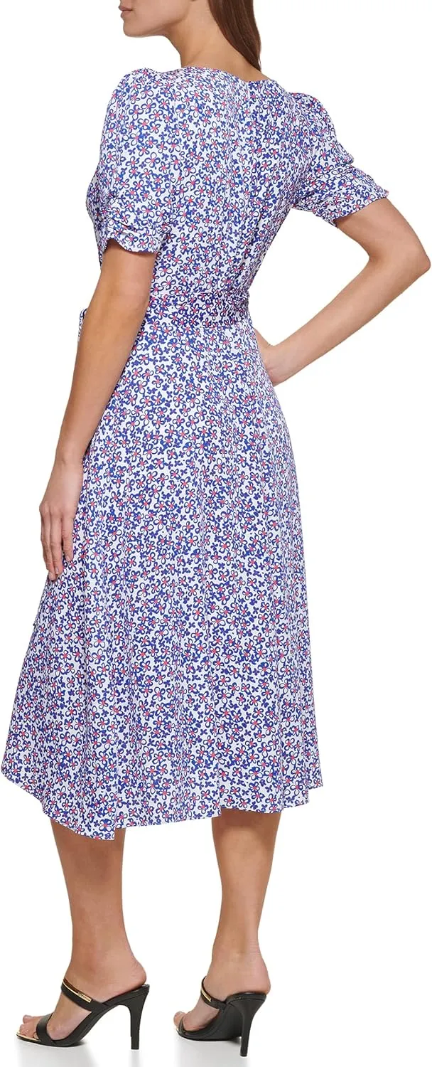 DKNY womens Ruched Sleeve Faux Wrap Dress