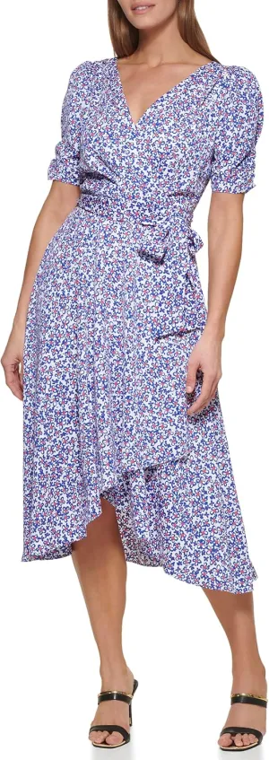 DKNY womens Ruched Sleeve Faux Wrap Dress